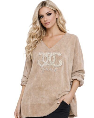 Βελούδινη μπλούζα με γράμματα Μπεζ