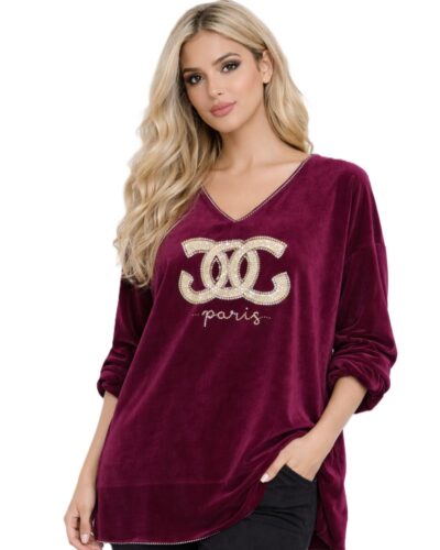 Βελούδινη μπλούζα με γράμματα Μπορντό