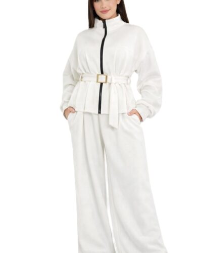 Σετ με πιέτες και ζώνη κ παντελονι με λάστιχο Λευκό