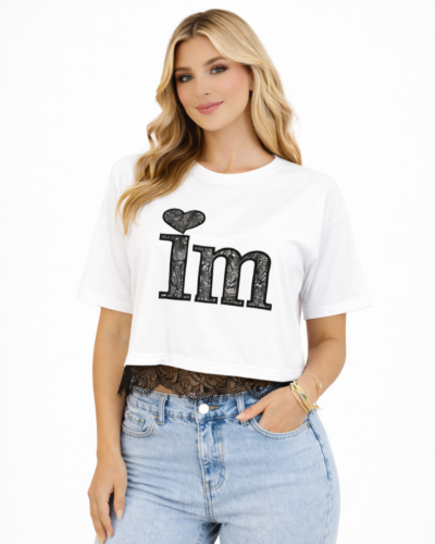 Κοντομάνικη Crop Top Μπλούζα Με Δαντέλα Λευκή