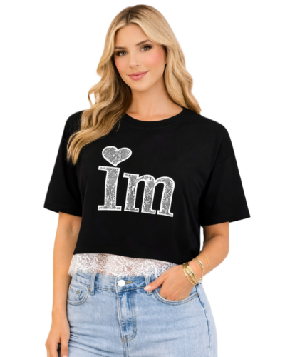 Κοντομάνικη Crop Top Μπλούζα Με Δαντέλα Μαύρη