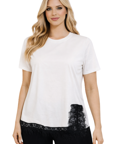 Κοντομάνικη Μπλούζα Με Δαντέλα Λευκή