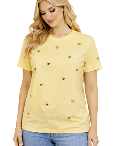 Κοντομάνικη Μπλούζα Με τρουκς Καρδιές Κίτρινη