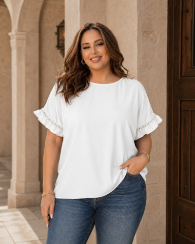 Μπλούζα Plus Size με πέρλες και τρουκς Λευκή