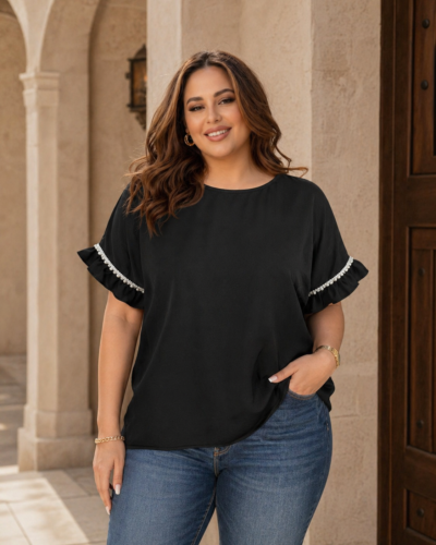Μπλούζα Plus Size με πέρλες και τρουκς μαύρη